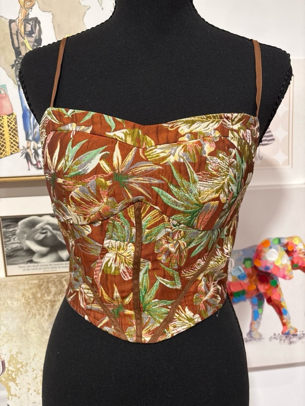Cider Rust Floral Brocade Crop Top with Green Accents